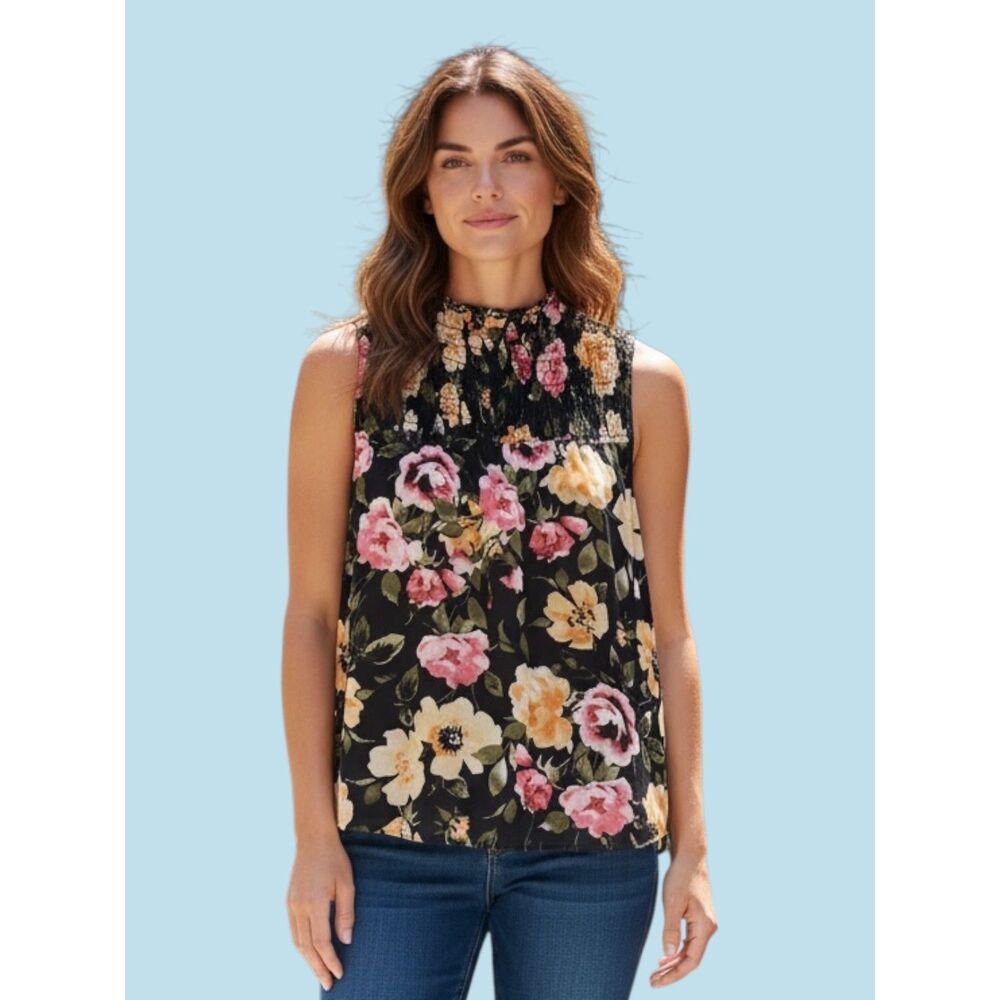 KIM & CAMI Floral Print Black Sleeveless Smocked Neck Top Sz M